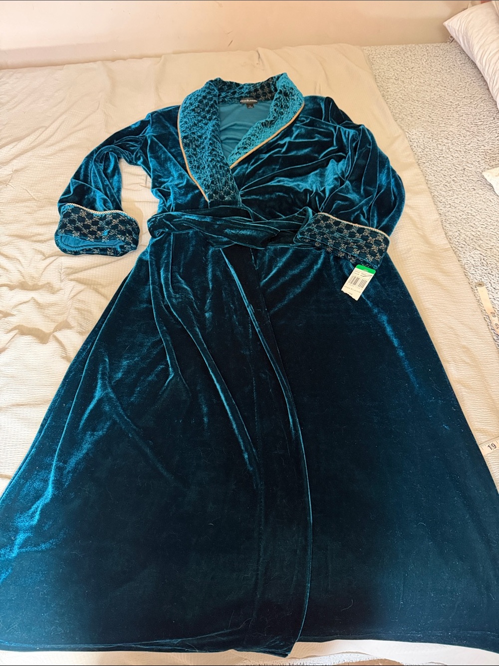 Miss Elaine Teal Velvet Shawl Collar Robe with Trim